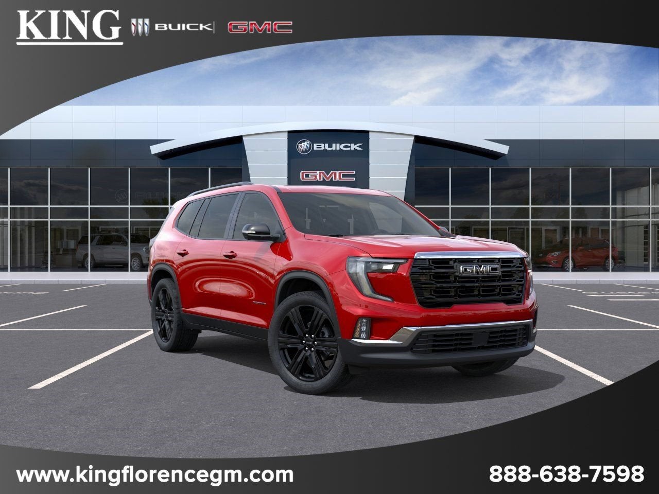 2026 GMC Acadia Elevation in Volcanic Red Tintcoat — front three-quarter view