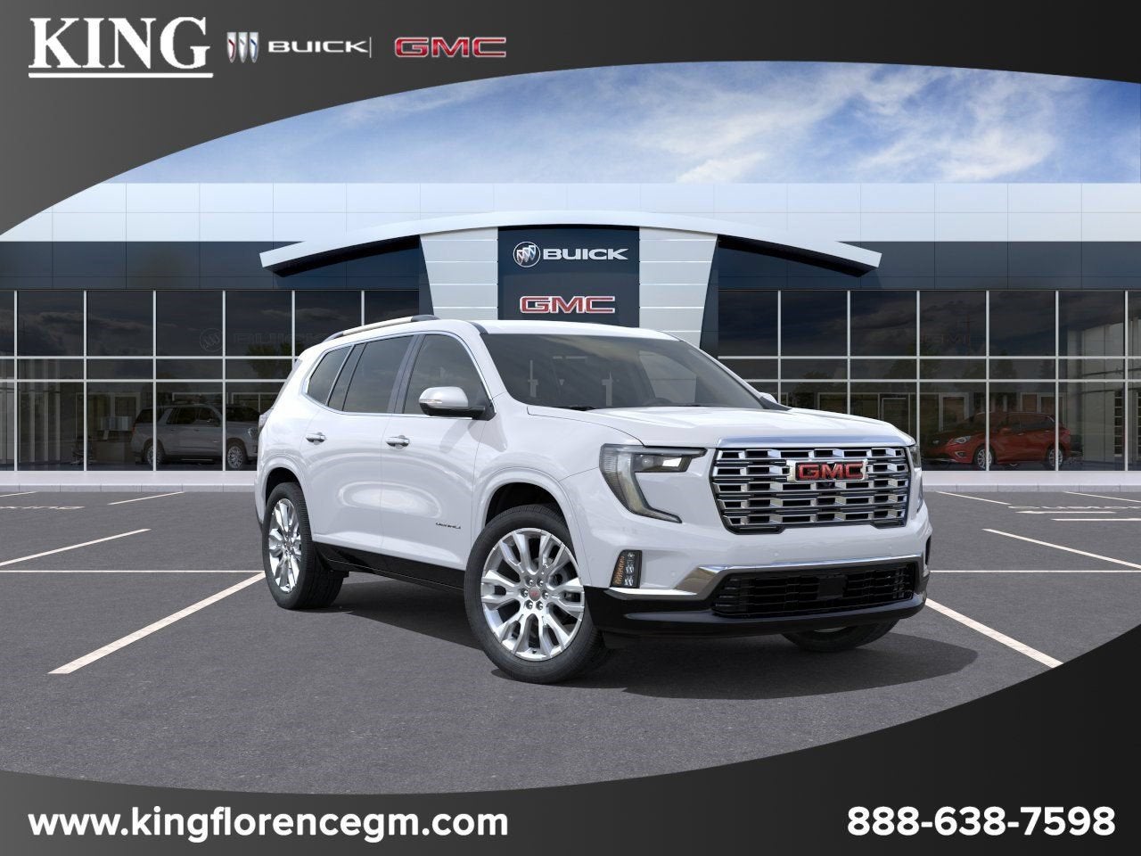 2026 GMC Acadia Denali in Glacier White Tricoat — front three-quarter view