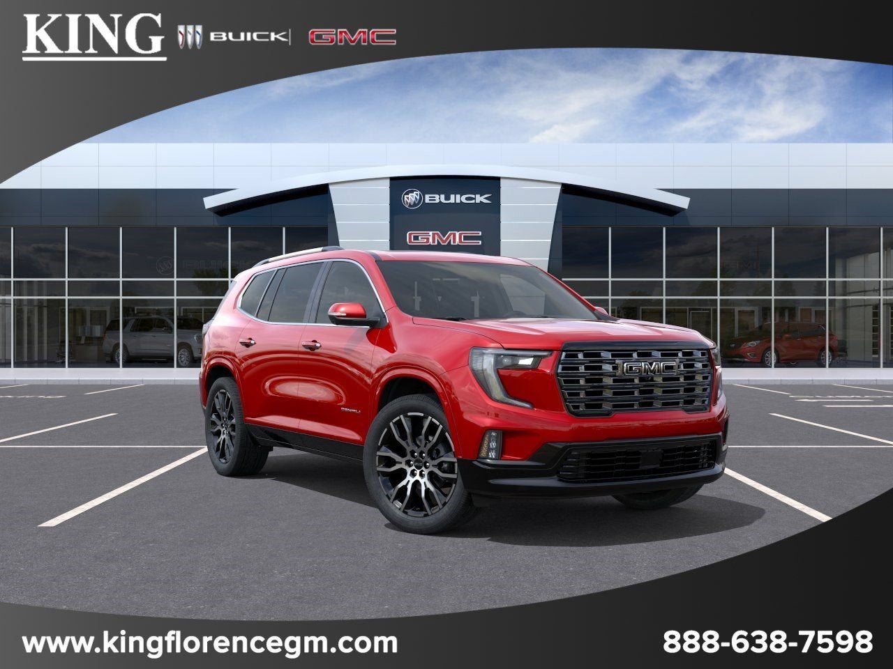 2026 GMC Acadia Denali Ultimate in Volcanic Red Tintcoat — front three-quarter view